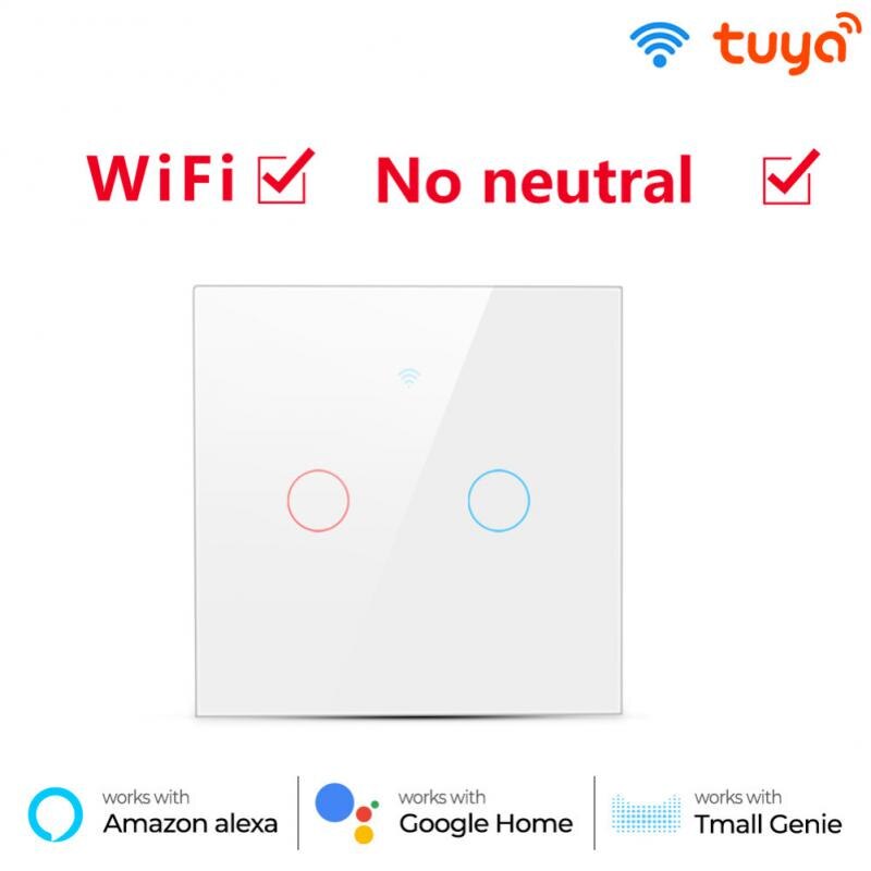 Geen Neutrale Draad Nodig Tuya Wifi Smart Touch Schakelaar 1 2 3 4 Bende Lichtschakelaar Smartlife App Controle Werk met Alexa Google Thuis: 2Gang EU White