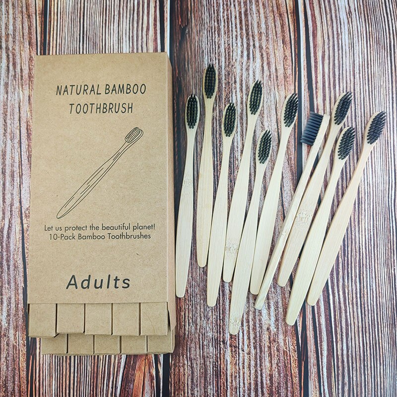 10pcs mixed color bamboo toothbrush Eco Friendly wooden Tooth Brush Soft Tip Charcoal adults oral care with box: 1167-I-1