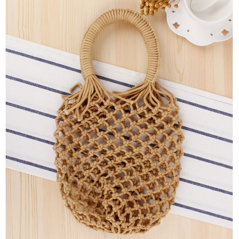 Sac de plage en fil de coton tissé à la main, nouvelle série de fils de coton de Style Mori de poche en filet de couleur Pure, sac de plage de: brown