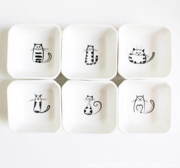6pcs Square cat Sauce dish ceramic dinner plates sets cat plate Small Saucer Shape Dinner Tray Sauce Dish Mini Ceramics Plate: Default Title