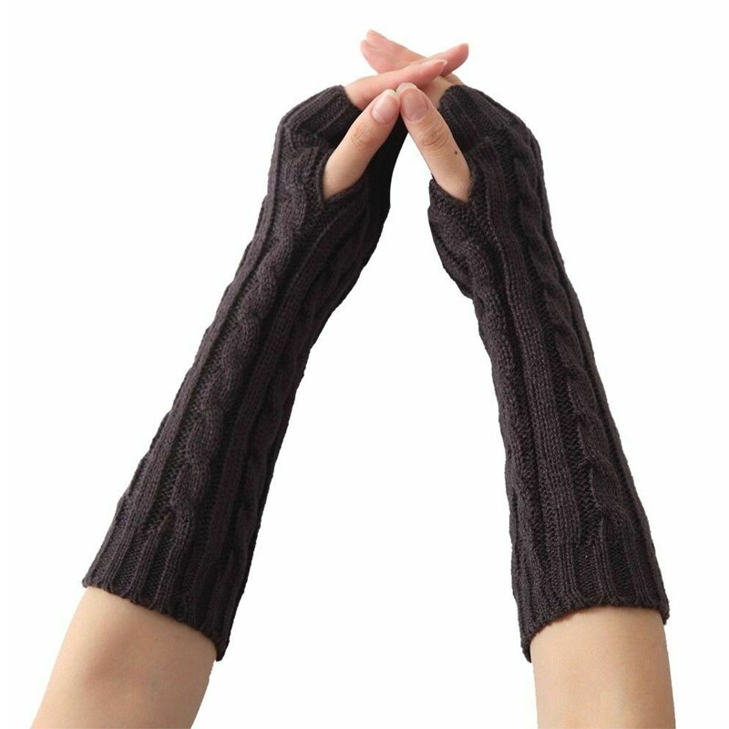 Kvinder vinter solide armopvarmere fingerløse lange handsker vanter albue strikkede ærmer cykelhandske rejsetøj: Mørkegrå