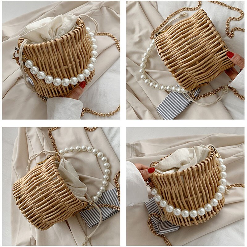 Summer Woven Straw Bags for Women Pearl Chain Round Handmade Rattan Beach Handbag Travel Bohemia Female Shoulder Crossbody Bag