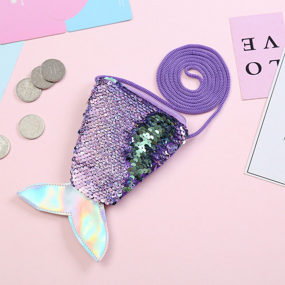 Kid Meisje Kleurrijke Veranderen Sequin Mermaid Tail Bag Portemonnee Portemonnee Toevallige Pouch Heldere kinderen stuk portemonnee: Lavendel