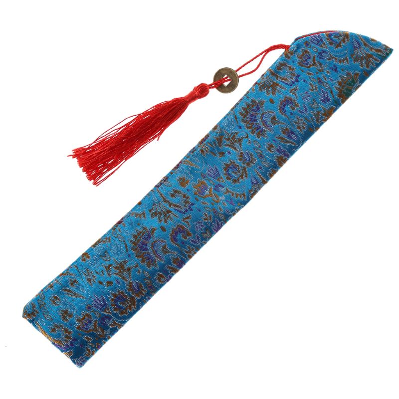 Silkefoldning kinesisk hånd fan taske med kvast støvtæt holder beskyttelsespose taske cover retro stil  e15b: Himmelblå