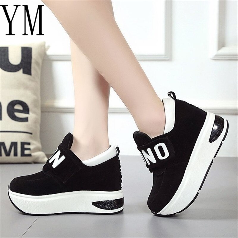Wiosna jesień zwiększone 8cm płaskie buty na platformie z pętelką na rzepy zwykły słodkie damskie trampki płytkie buty damskie 35-40
