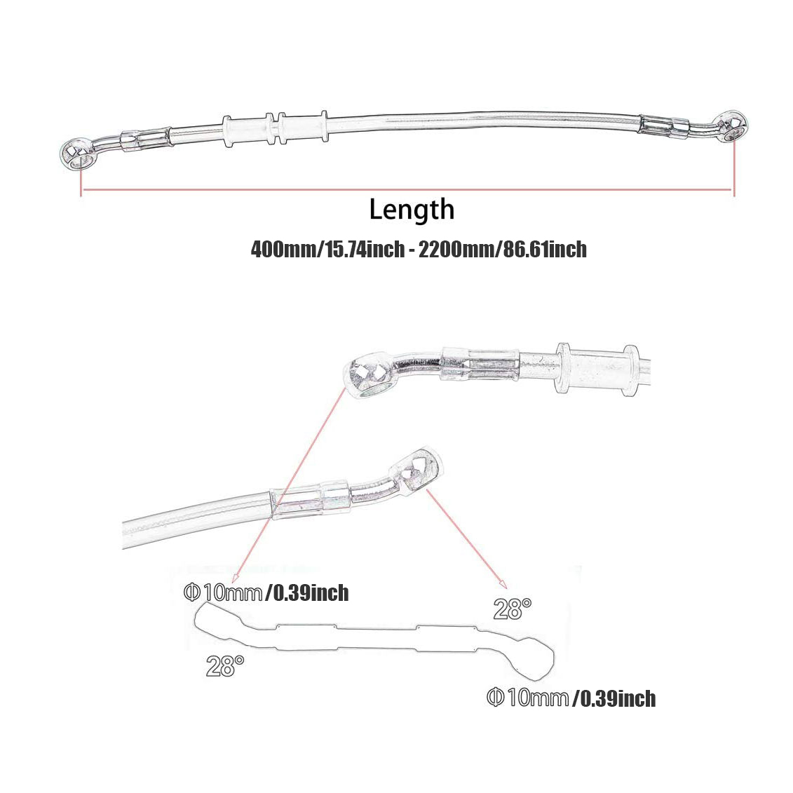 Cable de línea DOT hidráulico de manguera de freno de 400 mm-2400 mm 10 mm 28 ° Banjo para Suzuki Kawasaki Yamaha Pipe Line Manguera de aceite trenzada 340 2300