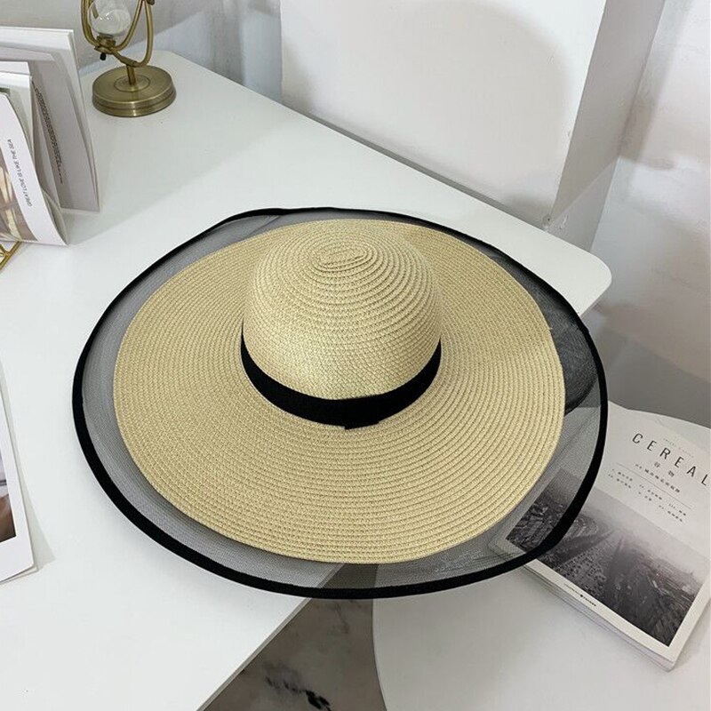 sol sombreros para las mujeres de ala ancha Floppy sombrero de paja de verano Bohemia playa tapa cinta sombrero negro