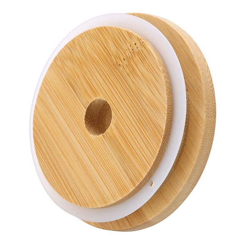 4Pcs Bamboo Mason Jar Lids with Straw Hole Reusable Wooden Caps Lids and Seal for Canning Drinking Glasses Storage Jars