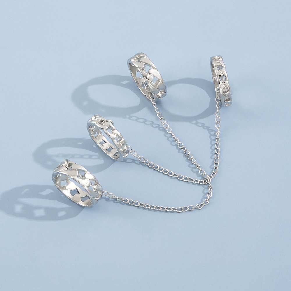 2 Stks/set Punk Lange Kwast Ketting Ringen Voor Vrouwen Hip Hop Mannen Zilver Kleur Hollow Geometrische Paar Ring Set Mode partij Sieraden
