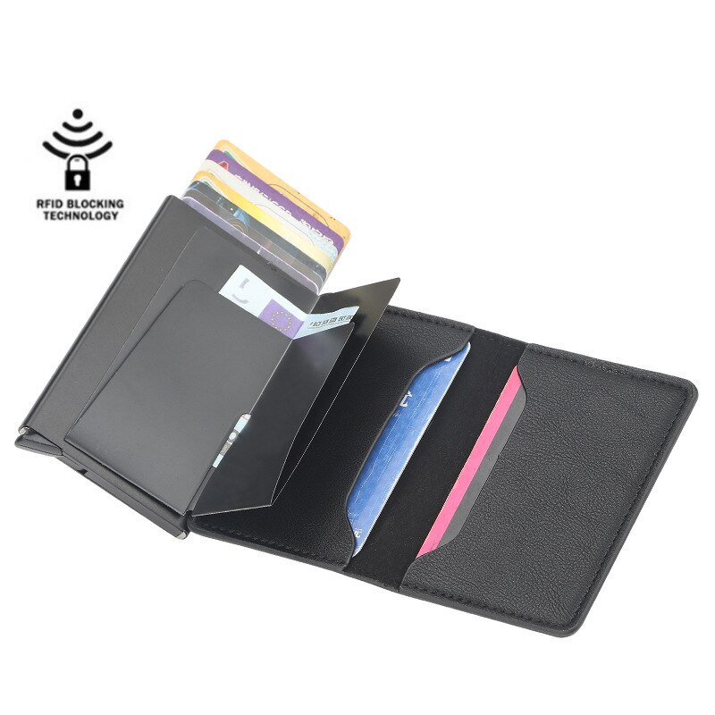 Hoylidu PU Leather Automatic Pop-up Business Card Card Holder RFID Vintage Aluminium Box Metal Crazy Horse Wallet Steel Wallet