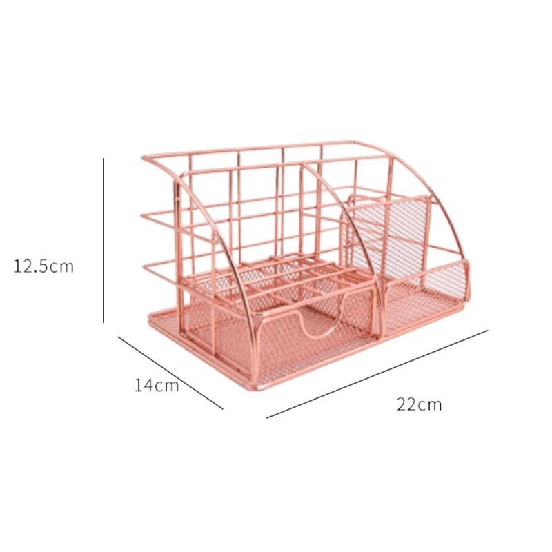 Rose Gold Desktop Storage Box Desk Magazine Rack with Pen Holder, Handmade Metal File Office Organizer Paper Tray Drawer Stor