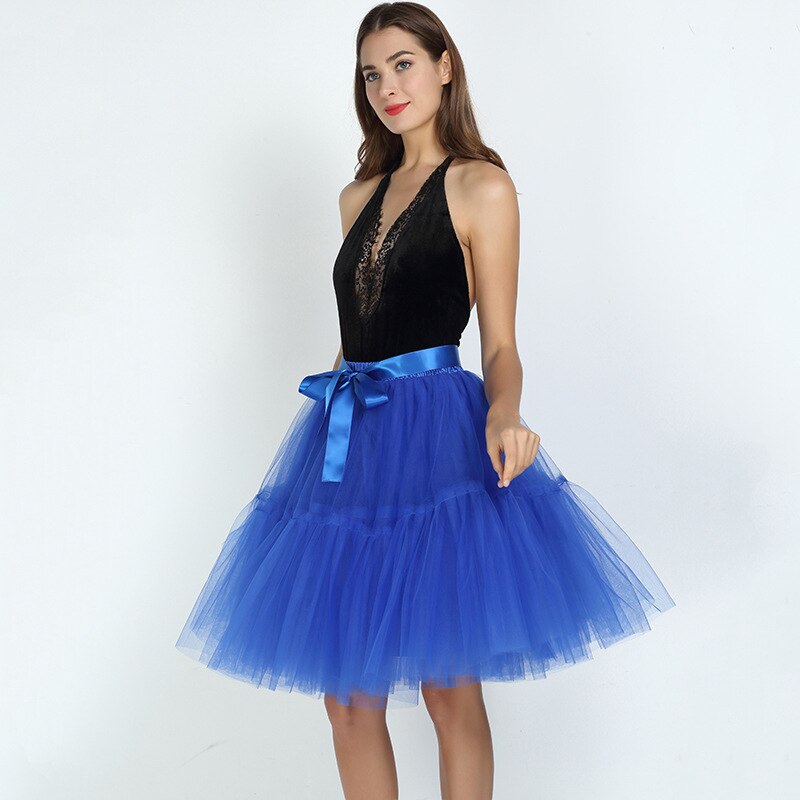 Falda plisada por debajo de la rodilla para Mujer, falda de tul de 5 capas de 60cm, Estilo Vintage, para boda, Lolita: Royal blue