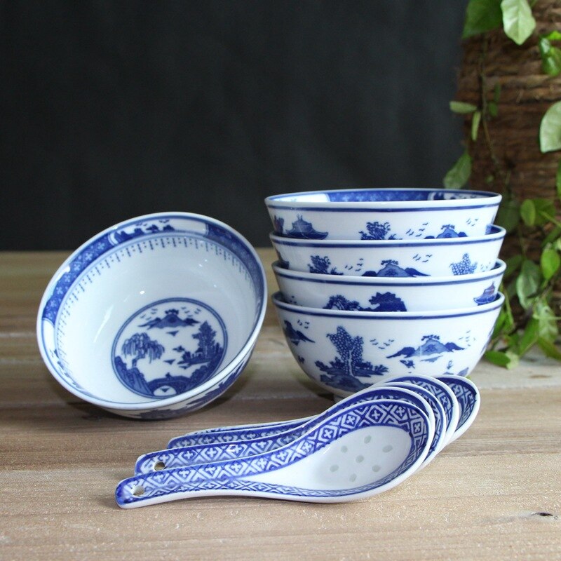 Jingdezhen Blau und Weiß Porzellan Geschirr Keramik exquisit Schüssel Porzellan Schüssel 5 Zoll Reis Schüssel einstellen Haushalt Schüssel und Erzähler: 5 Zoll Blau Muster Chinesisch Sonnenschirm 5 Schüssel  5 Löffel