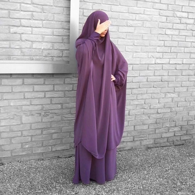 Ramadan Eid Frauen Gebet Bekleidungs Muslimischen einstellen 2 Stück Passenden Outfit Mit Kapuze Khimar Hijab Lange Felsen Abaya Islam Saudi Kleidung: dunkel Violett