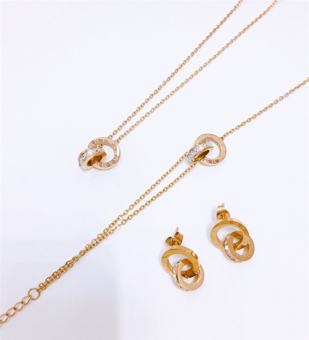 316L Rvs Romeinse Ingelegde Kristallen Lucky Ketting Oorbellen Armband Set Dubbele Ring Ingelegd Zirkoon Sieraden Set
