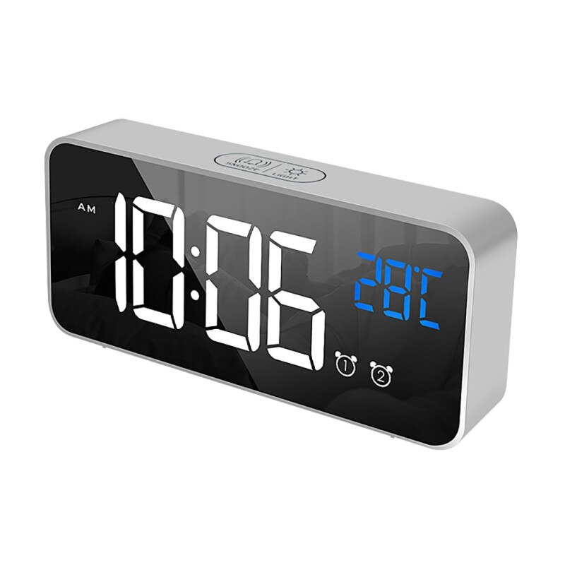 LED Digital Alarm Clock, Dual Alarm, 4 Brightness&13 Ringtones, 12/24H, Bedside Clock With Built-in Sound Senor, Temperature: Silver