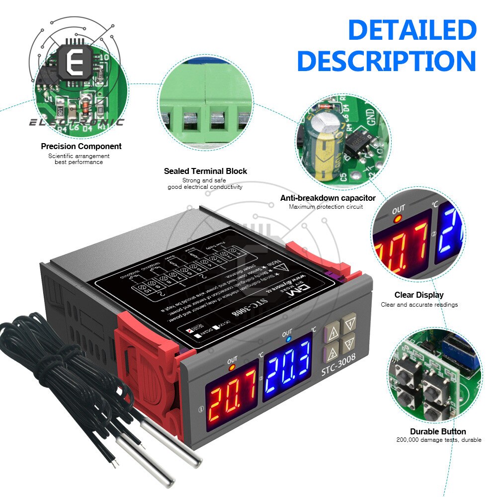 STC-3008 3018, 3028 AC 110-220V DC12V 24V 10A doble Digital controlador de temperatura del higrómetro del calefacción, refrigeración, termostato incubadora