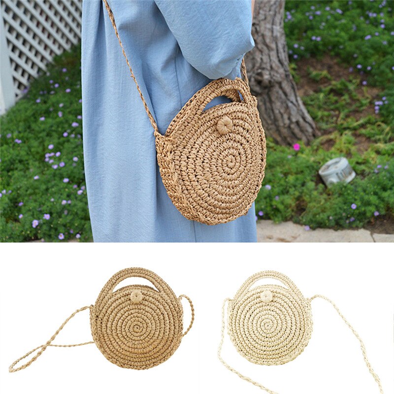 Lady Pastoral Style Casual Round Handmade Knitted Woven Rattan Bag Straw Beach Handbag