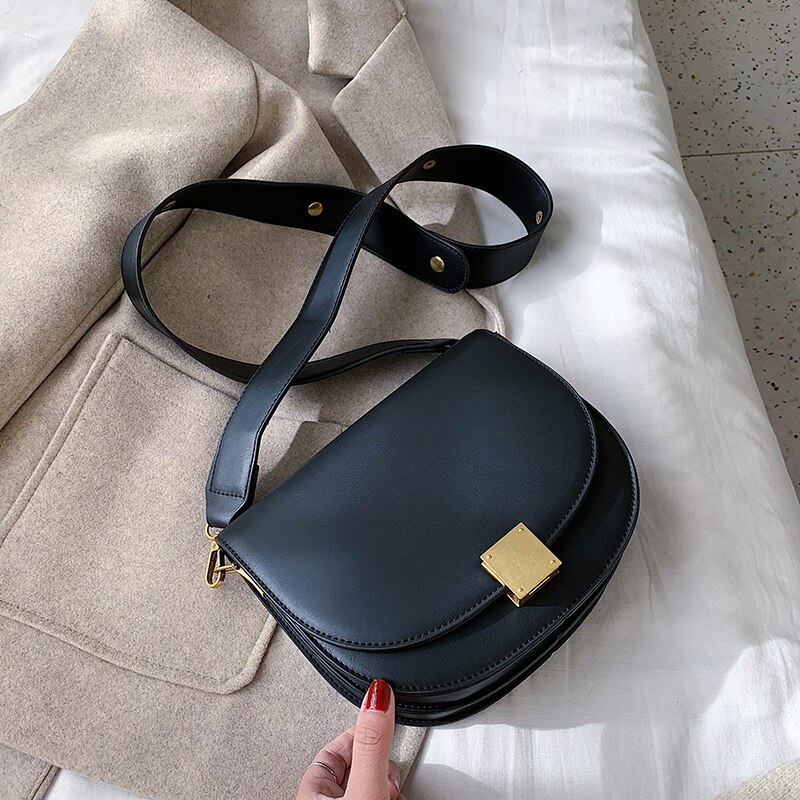 Sac à main de selle en cuir couleur Pure pour femmes, sac à main Vintage de bonne , sacoche à bandoulière à verrouillage de styliste, hiver: 23 CM Black