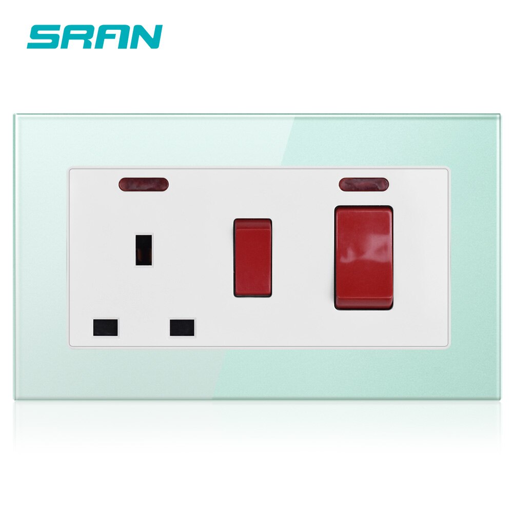 SRAN 45A DP Wall Cooker Switch + 13A BS UK Standard Switched Socket With Neon 3x6 Size Crystal Tempered Glass Panel: Green A6 With Logo