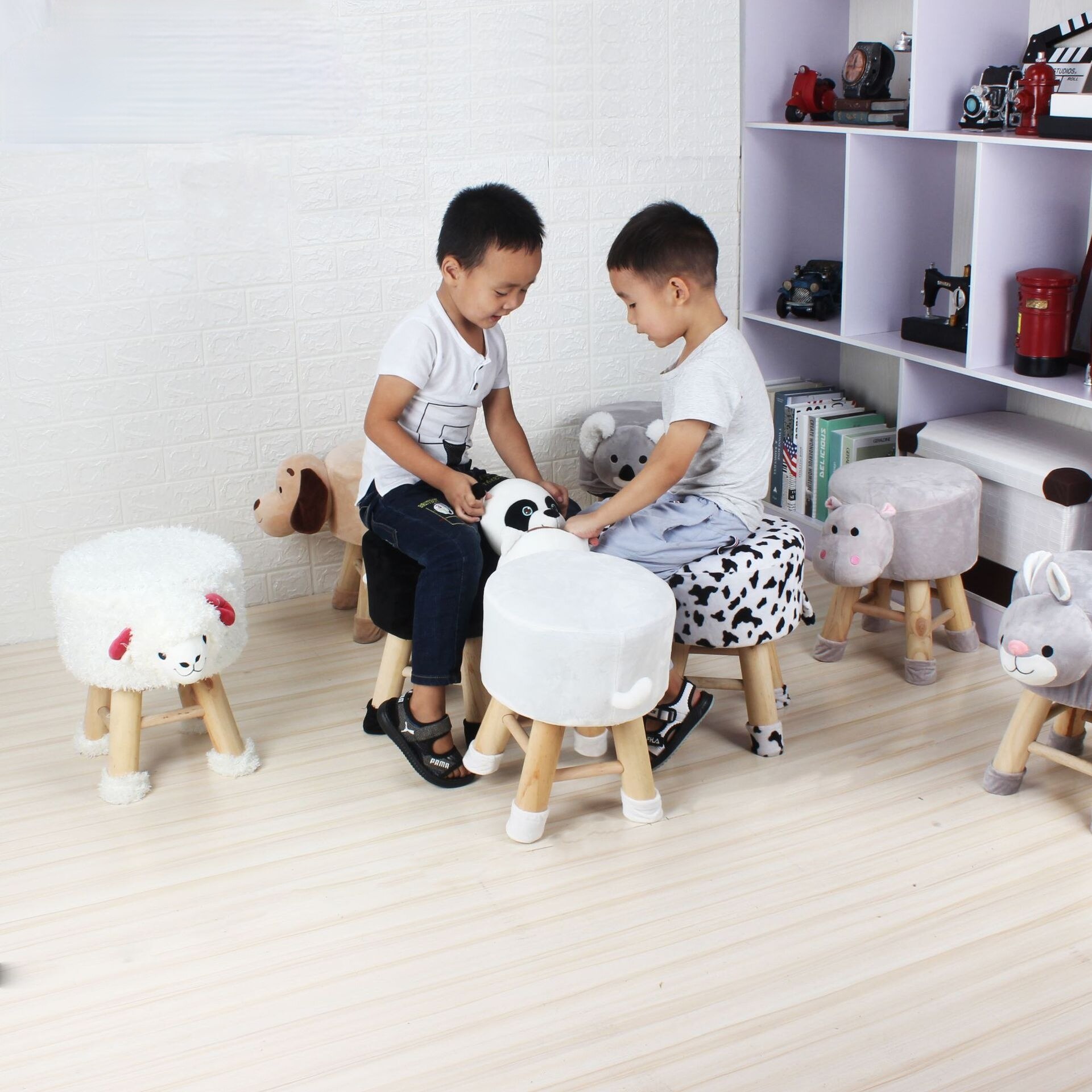 Cartoon Animal Stool Solid Wood Children's Coffee Table Home Small Sofa Removable and Washable Panda Lamb Elephant Cow
