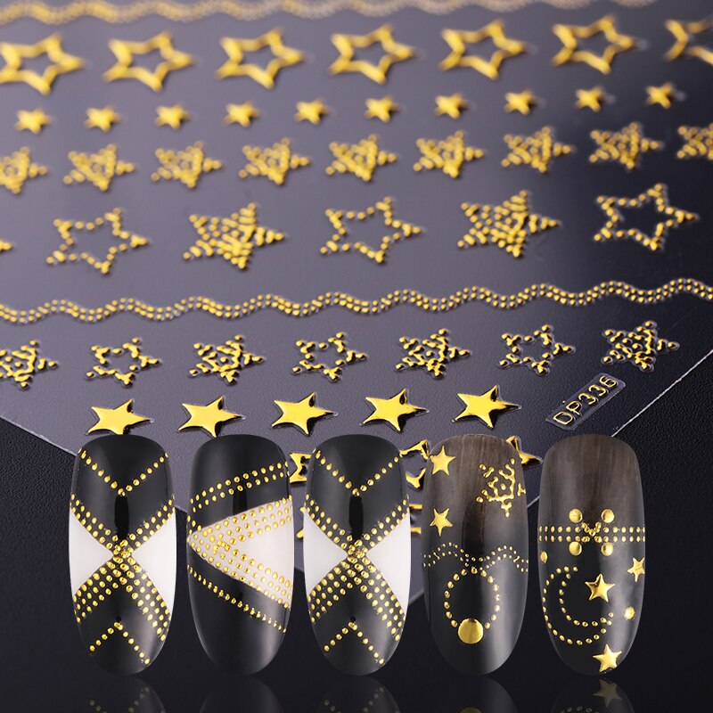 Or métal 3D autocollant à ongles géométrique lune étoile rayures vague ligne modèles Nail Art décalcomanies décoration bricolage accessoires de