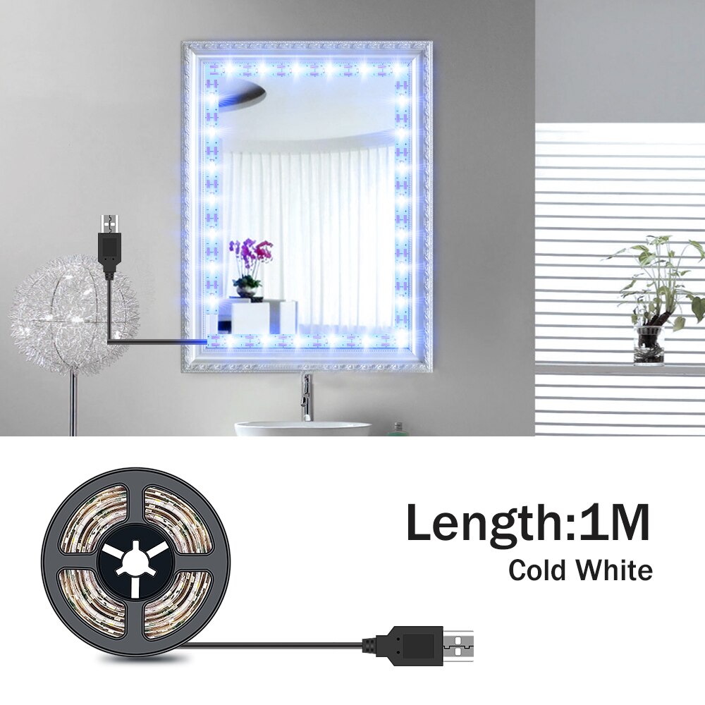 Luz LED para espejo de tocador de maquillaje, lámpara de belleza alimentada por USB para iluminación de decoración del hogar, 1M, 2M, 3M, 4M, 5M, 5V: 1M Cold White