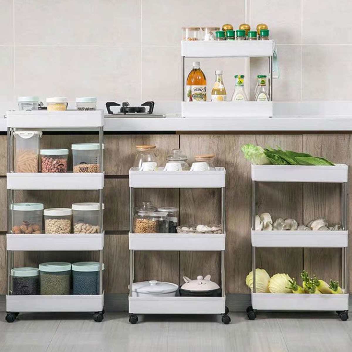4 Layer Gap Kitchen Storage Rack Slim Slide Tower Movable Assemble Plastic Bathroom Shelf With Wheels Space Saving Organizer