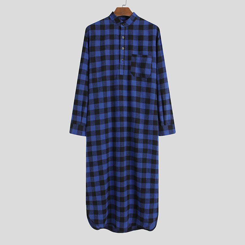 Mannen Slaap Gewaden Plaid Homewear Stand Kraag Lange Mouwen Losse Badjassen Comfortabele Knop Leisure Nachtjapon Mens S-5XL Incerun: S