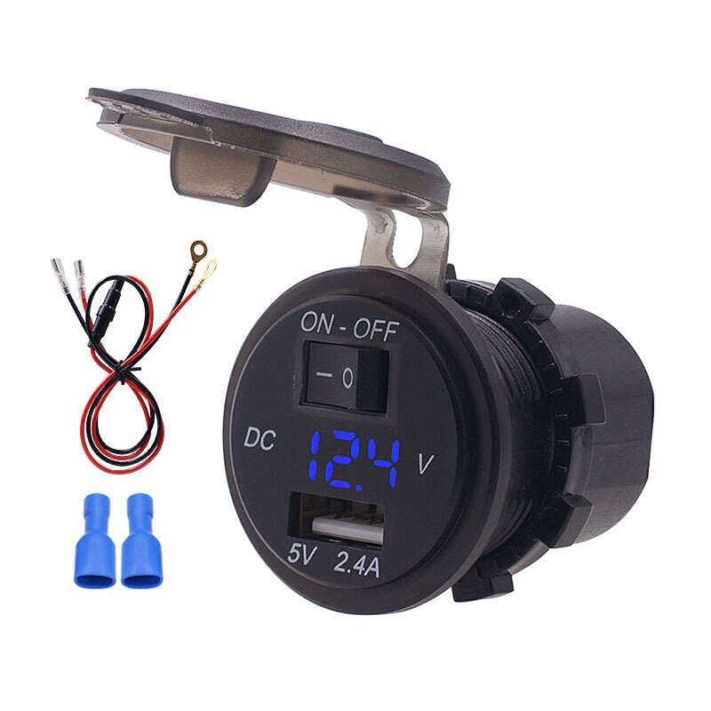12-24V Universally Car Motorcycle Waterproof Dual USB Charger Socket Power Outlet with Voltmeter LED light motor bike With Swith: Blue