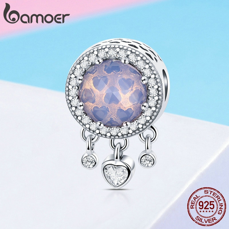 BAMOER 3 Color Authentic 925 Sterling Silver Heart Radiant Crystal Dangle Heart Charms Fit Charm Bracelets Silver Jewelry SCC999