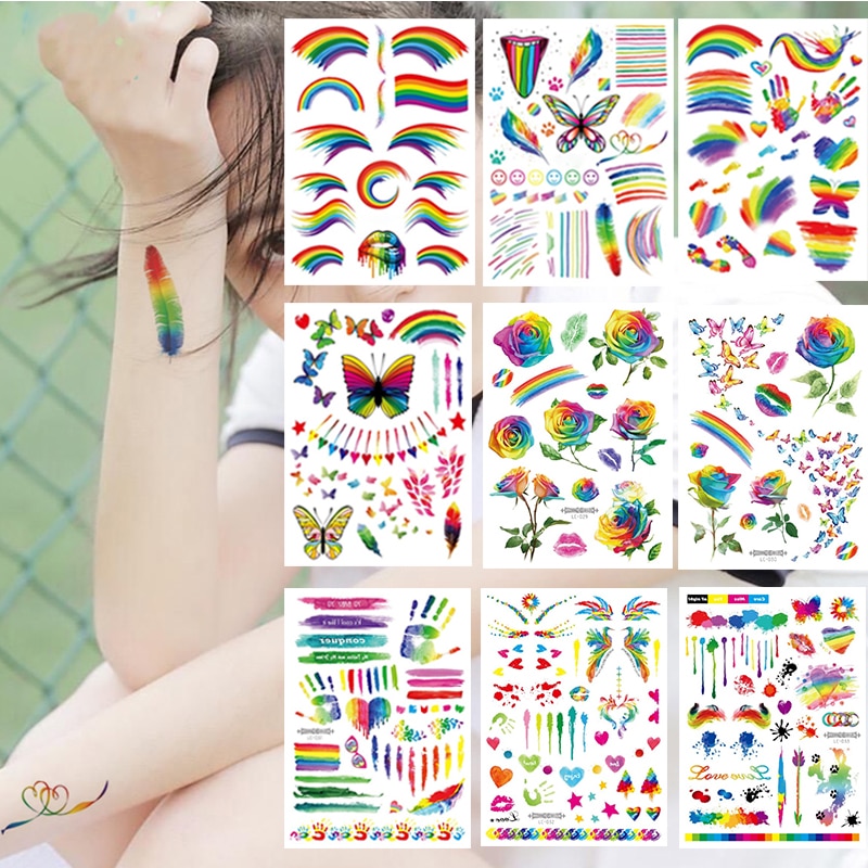 Regenboog Tijdelijke Tattoo Stickers Kleurrijke Vlag Vlinder Bloem Langdurige Temp Tatoeages voor Gay Pride Mannen Vrouwen