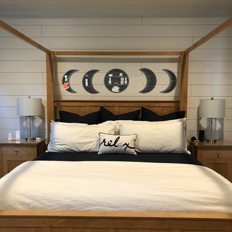 Estante de Luna Triple de madera para decoración de pared, estante de madera de fase lunar, estante de aceite esencial de luna creciente, Estilo bohemio
