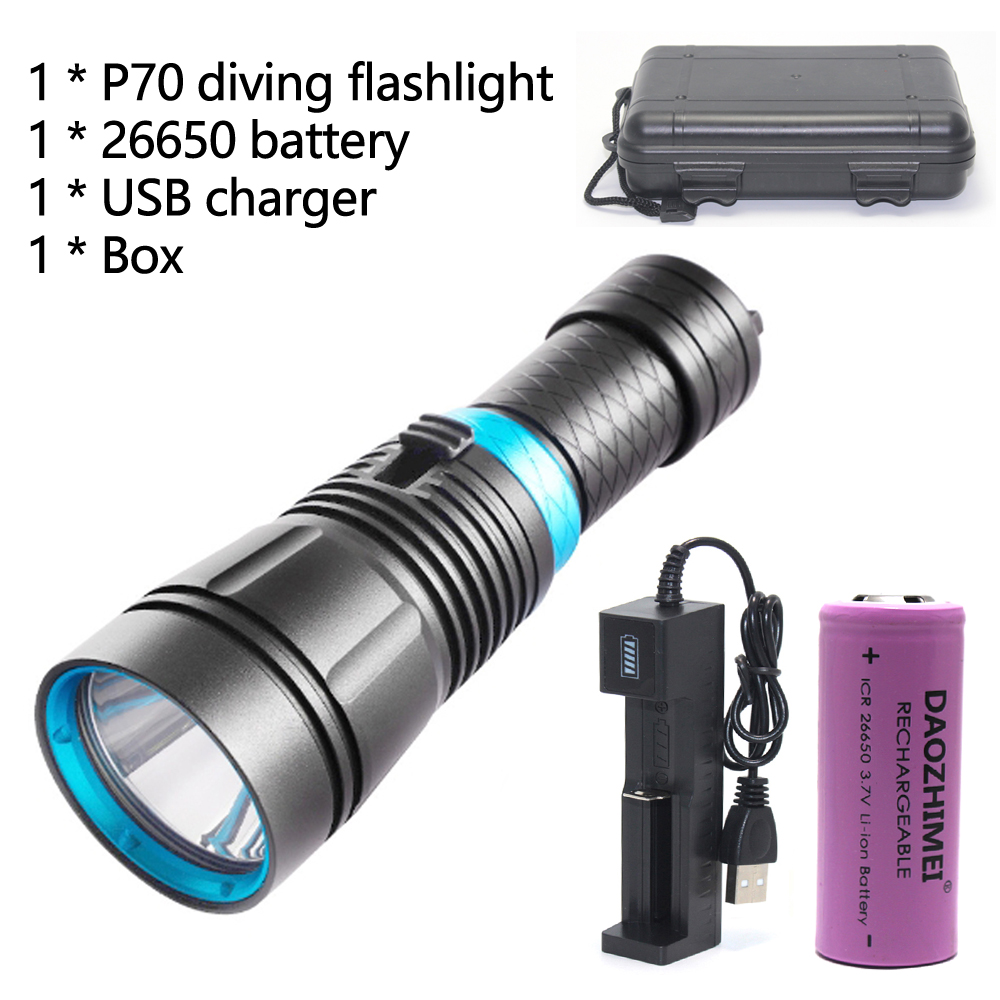 5000lm xhp 70 dykkerlommelygte 80m undervandsdykkerlommelygte ipx 8 vandtæt dykkerlampe 26650 batteri: Gul / Sort