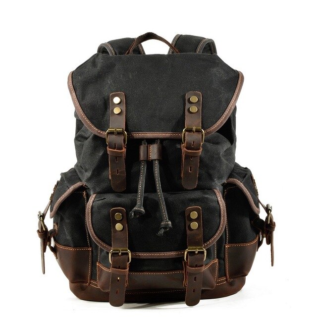 Vintage Tas Canvas Lederen Rugzakken Voor Mannen Laptop Daypacks Waterdichte Canvas Rugzakken Grote Waxed Bergbeklimmen Travel Pack: black