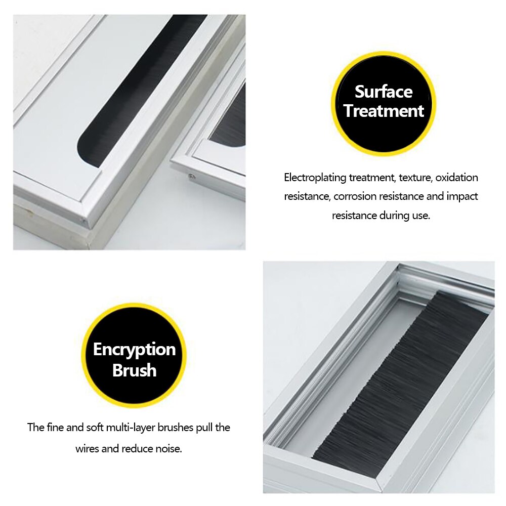 1PC Aluminum Alloy PC Desk Rectangle Wire Cable Office Table Hole Cover Outlet Port with Black Brush Cable Organizer