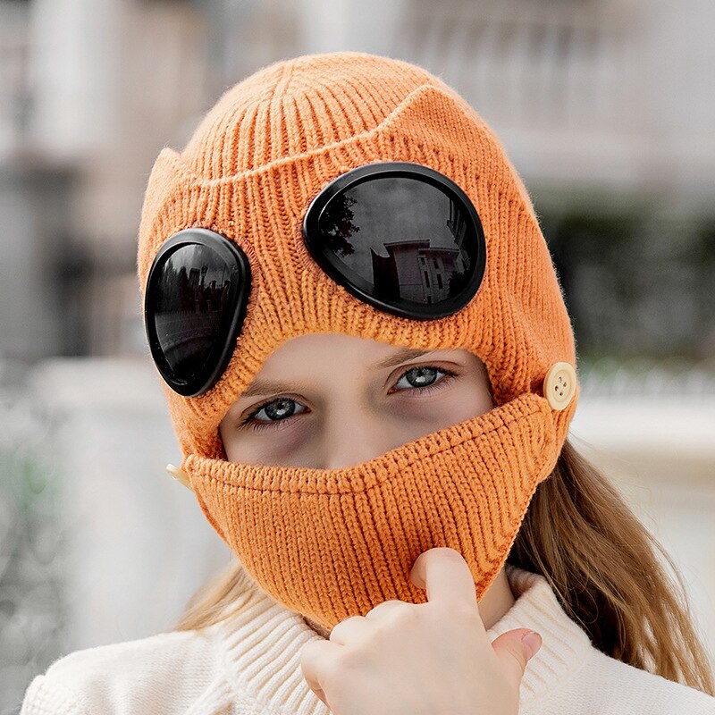 Art 2 in 1 Rippen betroffen Mütze Hütte Mund Maske einstellen Winter Warme Winddicht Schnee Gefesselt Earflap Kappe mit Brille brille: Orange
