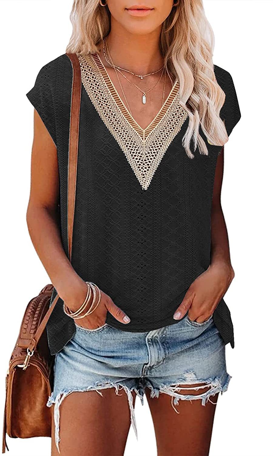 Yjkdyk dame sommertop kontrast t-shirt udhulet v-hals patchwork blonde t-shirt afslappet løs blød top kvinder: Xl / Sort