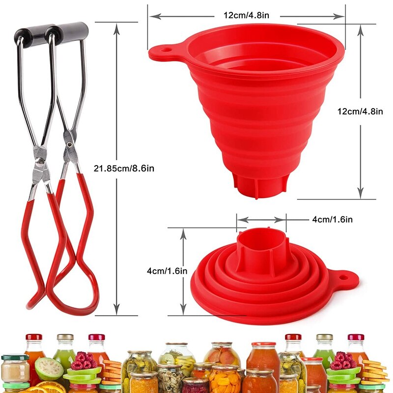 Canning Jar Lifter with Grip Handles and 3 Size Silicone Collapsible Funnel Red Foldable Canning Jar Funnel Set of 4