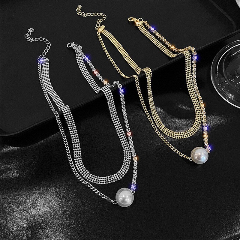 Fyuan moda dupla camada de cristal gargantilhas colares para mulheres pérola colares de jóias