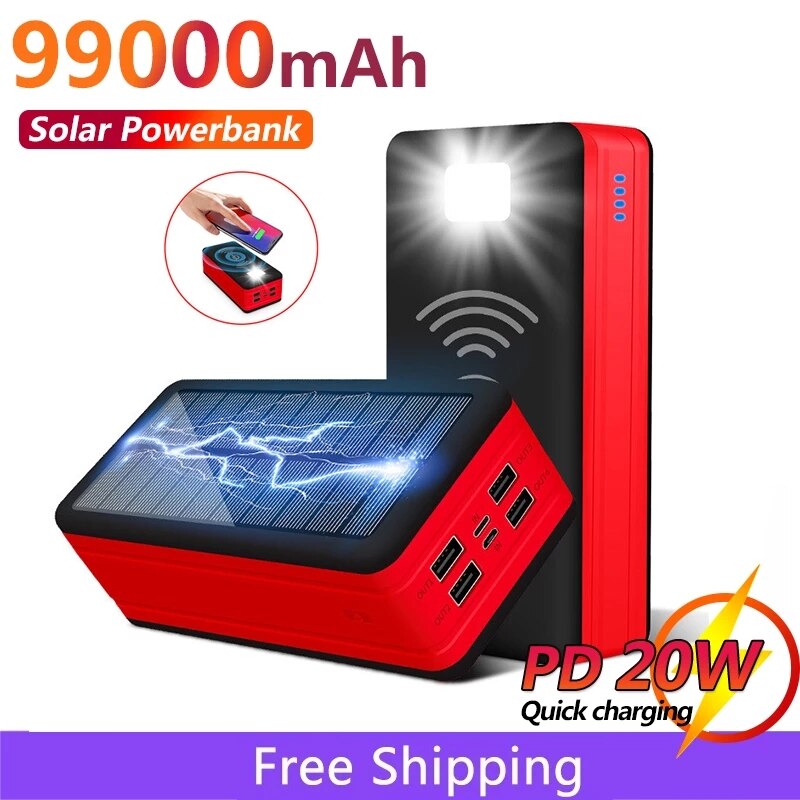 Banco de energía Solar inalámbrico, cargador de teléfono portátil de 99000mAh, 4USB, batería externa de gran capacidad para exteriores, para IPhone, Samsung y Xiaomi