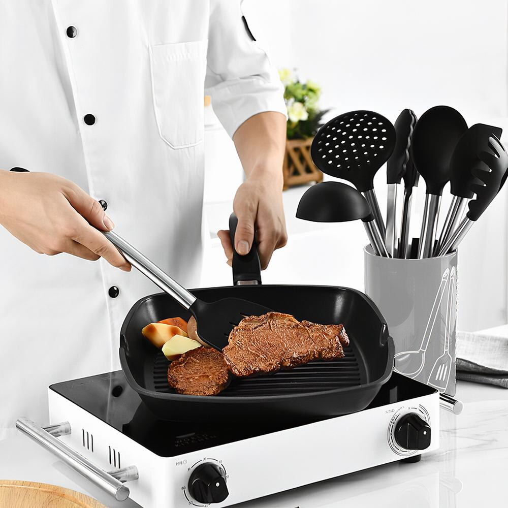 8pcs Kitchen Utensil Sets Stainless Steel Silicone Tong Spoon Spatula Whisk Strainer Cooking Tools Gadgets with Storage Bucket