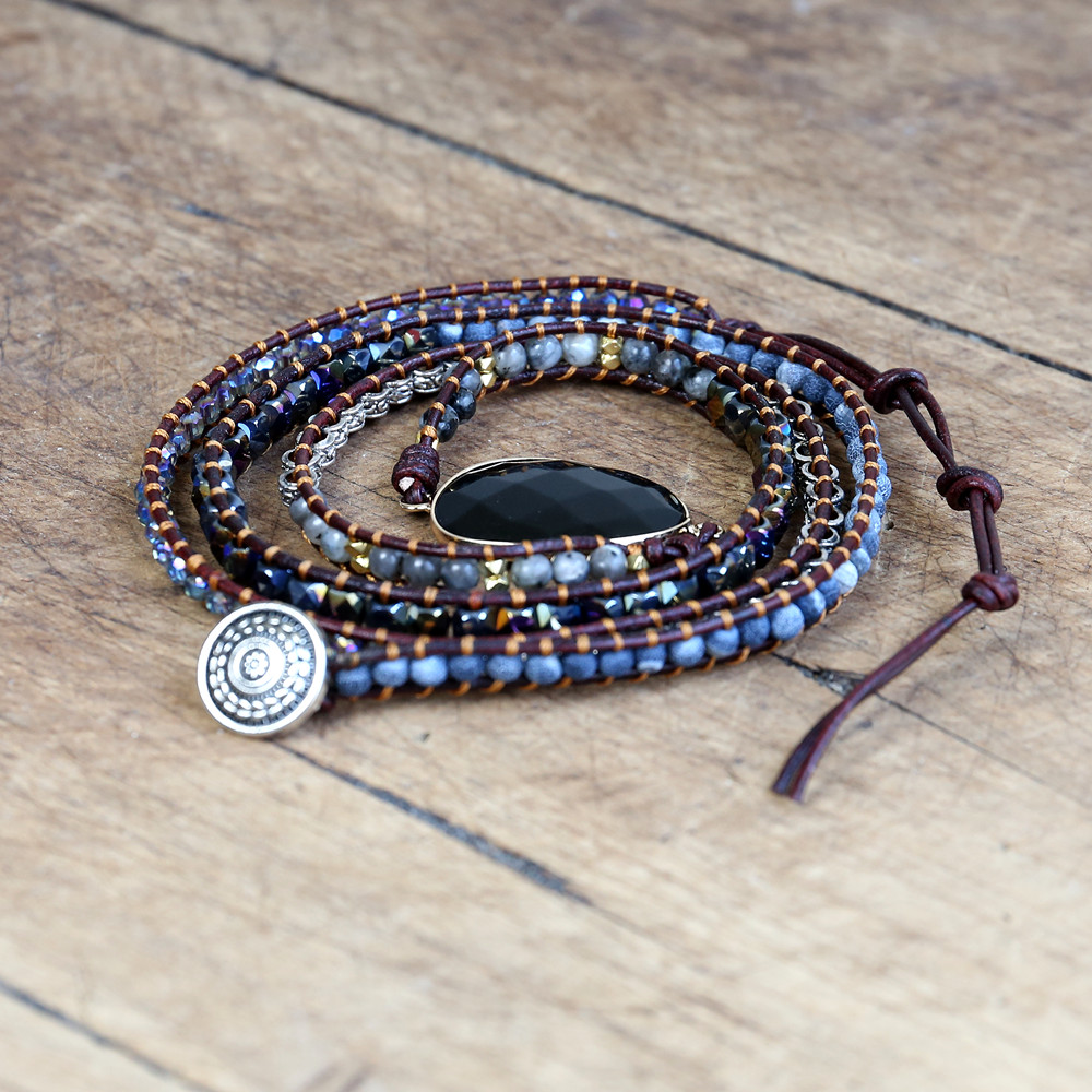 Handgemaakte Sieraden Leren Armband Zwarte Onyx Mix 5 Strengen Geweven Wrap Armband Vrouwen Kralen Bohemen Bedelarmband