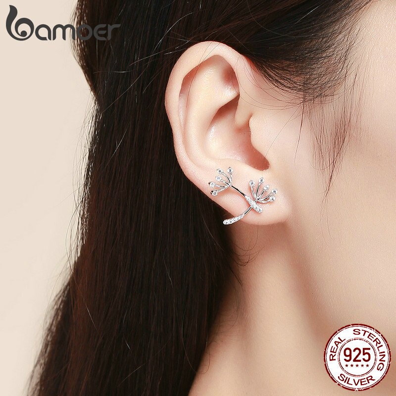 BAMOER Genuine 925 Sterling Silver Blooming Dandelion Love Exquisite Stud Earrings for Women Silver Jewelry SCE506