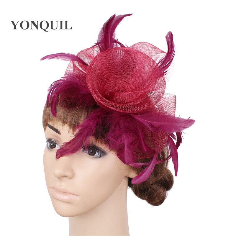 Wonderful color crinoline fascinator headwear feather colorful mesh party show hair accessories millinery cocktail hats MYQ053: MARRON