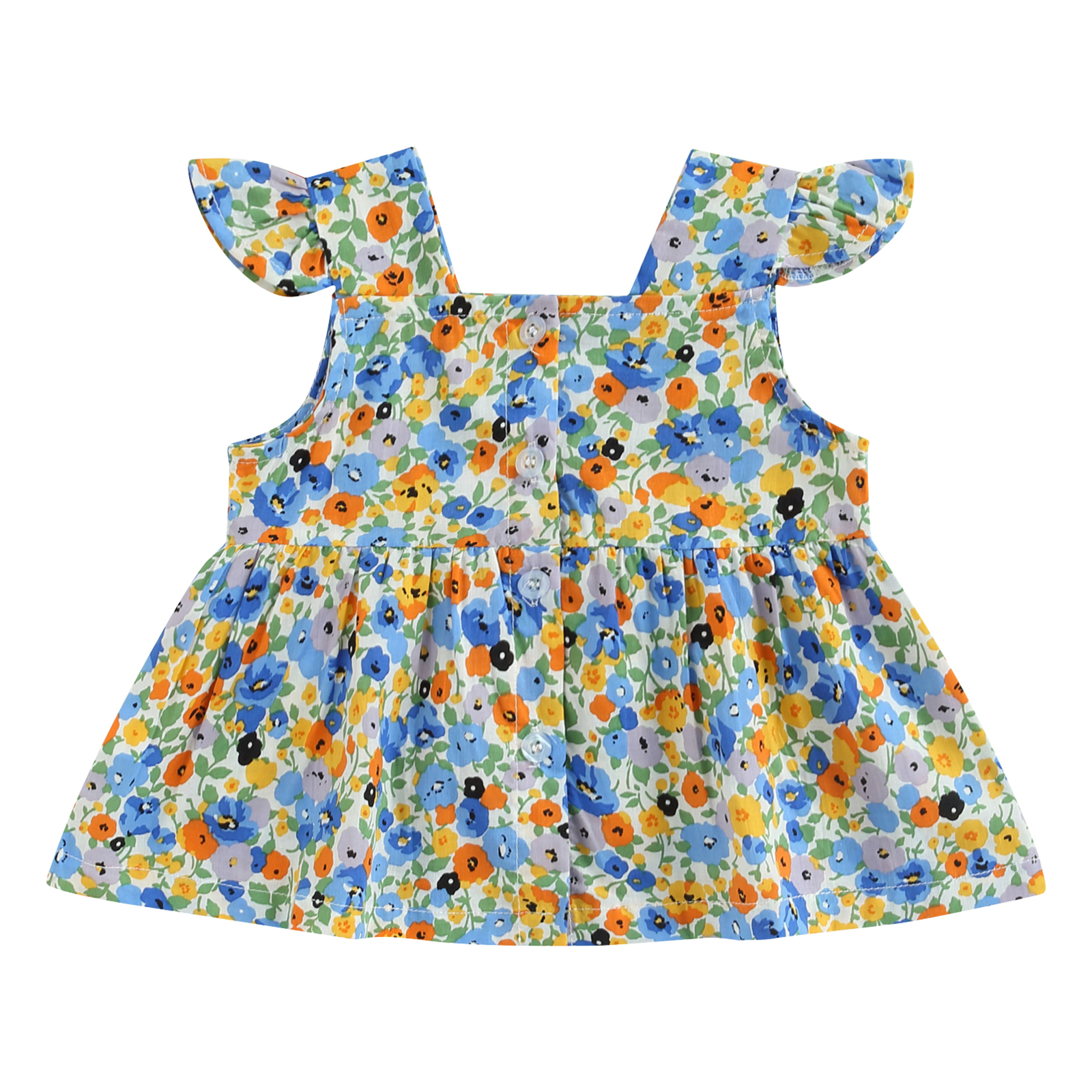 Tops de verano para niña pequeña, Camiseta con estampado de flores, manga con mosca, cuello cuadrado, cierre de botón, línea A: B / 3 años