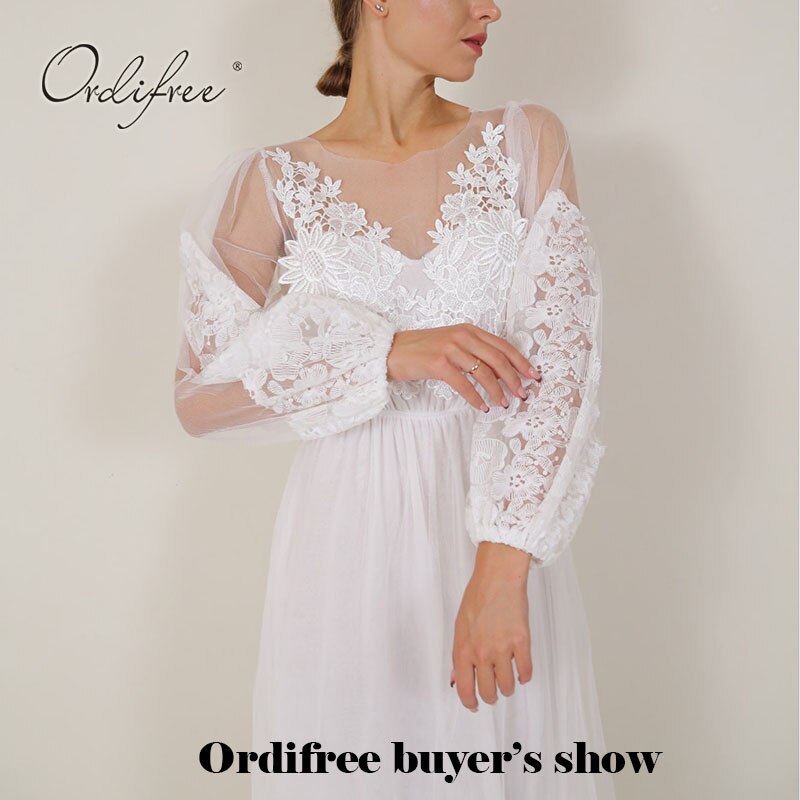 Ordifree sommer kvinner lang tyll kjole langermet broderi bryllup kall sexy hvit blondere maxi tunika strandkjole