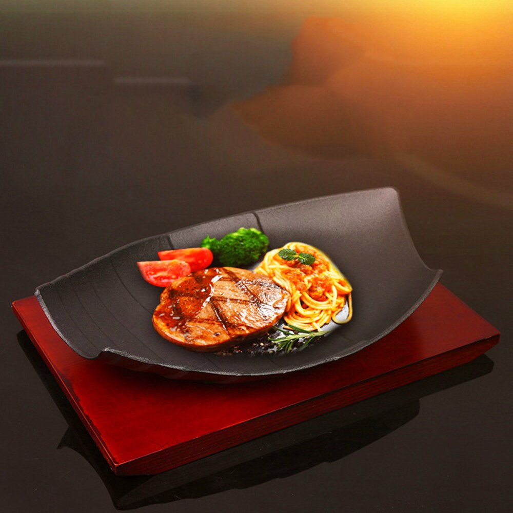 Non Stick Gietijzeren Roosteren Steak Pan Emaille Gebakken Pot Plaat Koekenpan Houten Base Houder Kookgerei Gas Oven Elektrische Onregelmatige