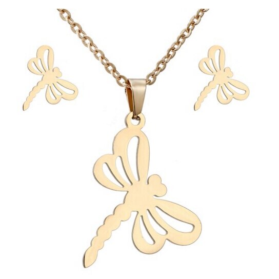 Rinhoo animal horse dragonfly Elephant Pendant necklace Earrings set Women Gold color Stainless Steel jewelry Set: dragonfly1