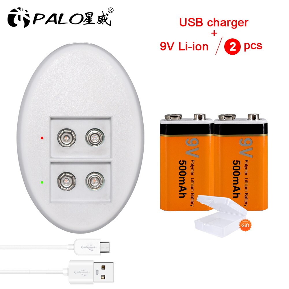 Palo Originele 9 V 500Mah Li-Ion Oplaadbare Batterij Batterijen 9 V Lithium Voor Multimeter Microfoon Speelgoed Afstandsbediening: 2battery and charger